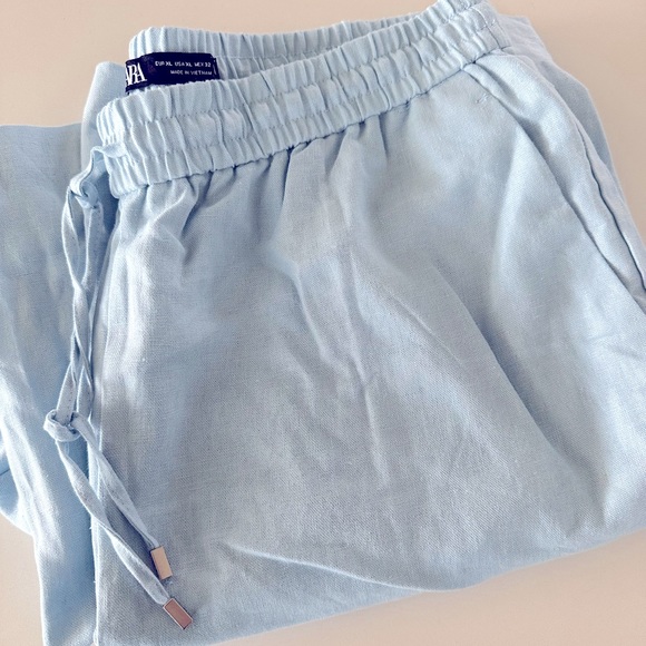 SOLD OUT!! ZARA LINEN BLEND WIDE LEG PANTS LIGHT BLUE XL 𩵠- Picture 5 of 5